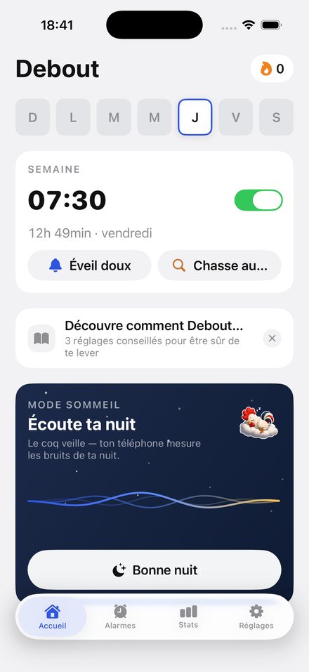 Accueil de l'app Debout